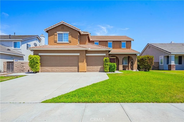 35602 Driftwood St, Winchester, CA 92596 - mediterranean / spanish home featuring a front yard, driveway, stucco siding, a garage, and a tile roof