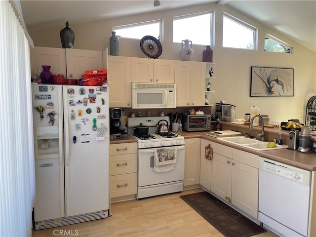 927 W 6th St, San Pedro, CA 90731 - kitchen featuring white appliances, light wood-style floors, lofted ceiling, and open shelves