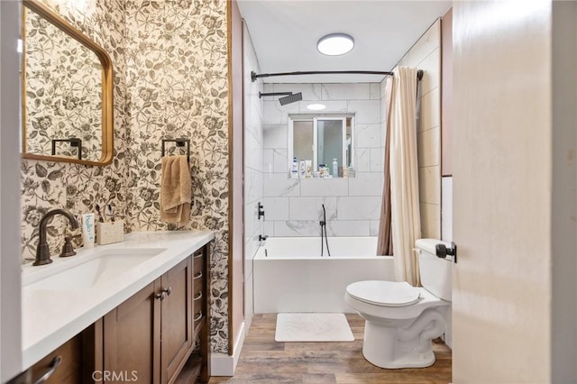 1505 Cypress Ln, Lemoore, CA 93245 - full bath featuring wallpapered walls, toilet, shower / bathtub combination with curtain, wood finished floors, and vanity