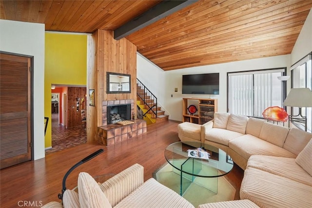 537 3rd St, Manhattan Beach, CA 90266 - living area featuring wood finished floors, wood ceiling, a large fireplace, stairs, and wooden walls