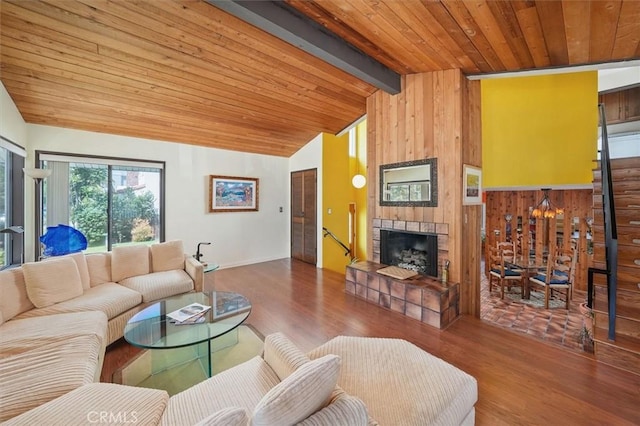 537 3rd St, Manhattan Beach, CA 90266 - living area featuring wood ceiling, wood finished floors, and a fireplace