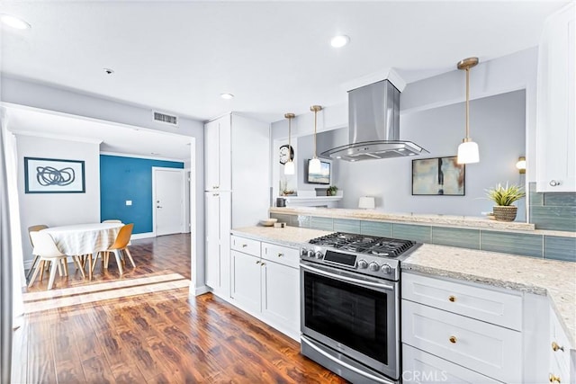 5847 E Rocking Horse Way Unit 21, Orange, CA 92869 - kitchen featuring stainless steel gas range oven, island range hood, white cabinets, dark wood-style flooring, and recessed lighting