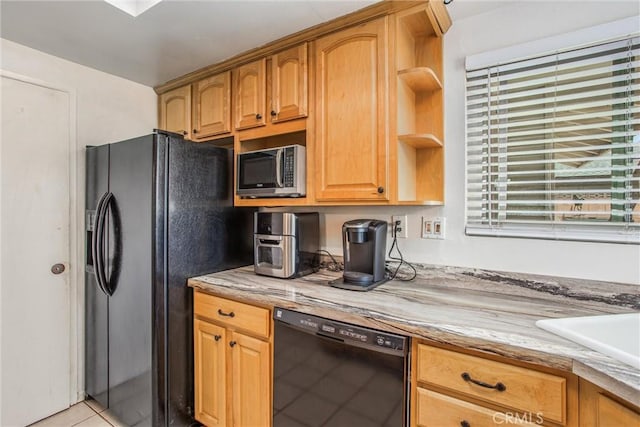 1210 3rd St, Calimesa, CA 92320 - kitchen featuring black appliances, open shelves, light countertops, and light tile patterned flooring
