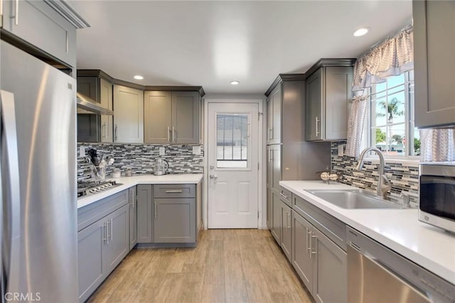 3879 Big Dalton Ave, Baldwin Park, CA 91706 - kitchen featuring stainless steel appliances, a sink, gray cabinetry, light countertops, and backsplash