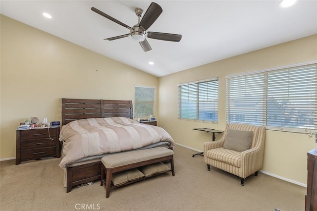 15691 Cherry Leaf Ln, Fontana, CA 92336 - bedroom with baseboards, carpet floors, recessed lighting, lofted ceiling, and a ceiling fan