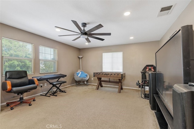 15691 Cherry Leaf Ln, Fontana, CA 92336 - recreation room with ceiling fan, healthy amount of natural light, baseboards, carpet floors, and recessed lighting