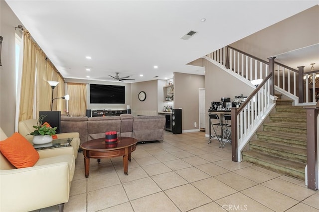 15691 Cherry Leaf Ln, Fontana, CA 92336 - living area with ceiling fan, stairway, recessed lighting, light tile patterned floors, and baseboards