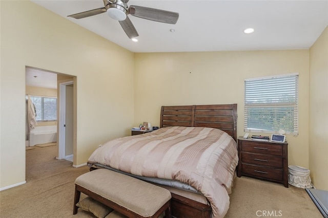 15691 Cherry Leaf Ln, Fontana, CA 92336 - bedroom with light carpet, recessed lighting, ceiling fan, baseboards, and ensuite bathroom