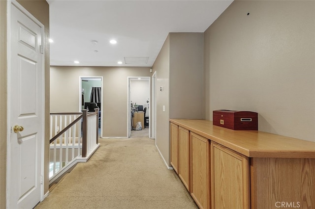 15691 Cherry Leaf Ln, Fontana, CA 92336 - hall featuring an upstairs landing, light carpet, recessed lighting, baseboards, and attic access