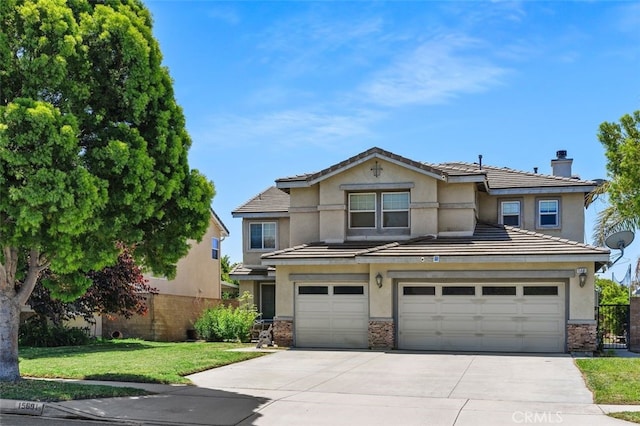 15691 Cherry Leaf Ln, Fontana, CA 92336 - traditional-style home featuring a garage, driveway, stucco siding, a chimney, and stone siding