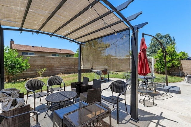 15691 Cherry Leaf Ln, Fontana, CA 92336 - fenced backyard with a pergola, a patio area, and outdoor lounge area
