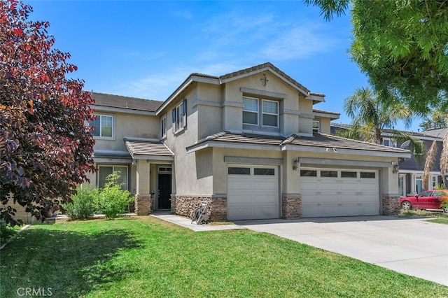 15691 Cherry Leaf Ln, Fontana, CA 92336 - view of front of home featuring stone siding, concrete driveway, a front yard, and stucco siding