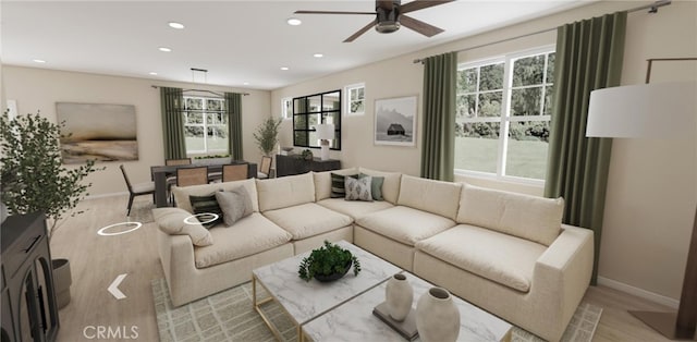 30560 Paul Ln, Winchester, CA 92596 - living area with light wood-style flooring, ceiling fan, healthy amount of natural light, baseboards, and recessed lighting
