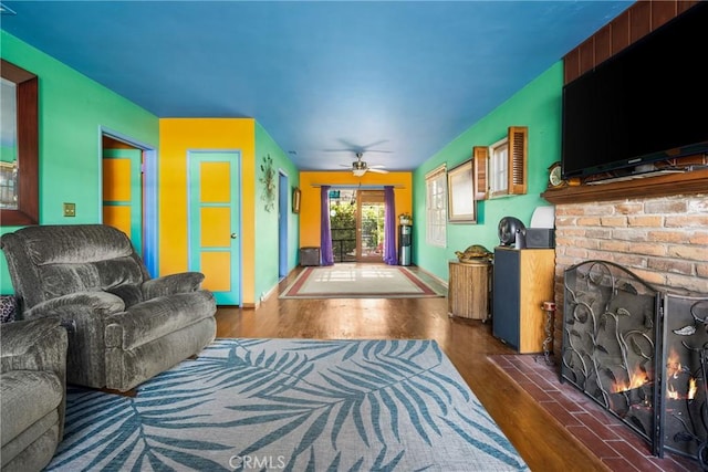 950 N Laurel Dr, Orange, CA 92867 - living area featuring wood finished floors, ceiling fan, and a fireplace