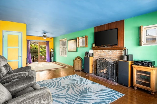 950 N Laurel Dr, Orange, CA 92867 - living room featuring a brick fireplace, wood finished floors, and a ceiling fan