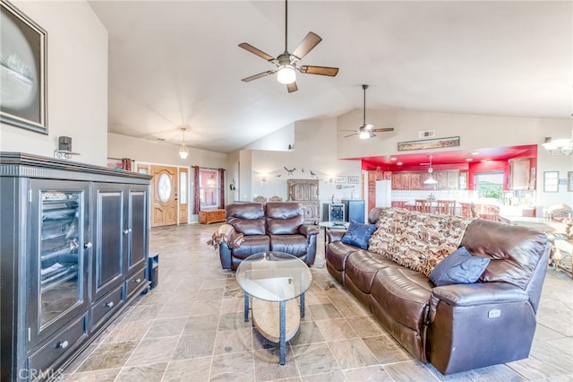 50806 Bramble Ln, Squaw Valley, CA 93675 - living room with vaulted ceiling, ceiling fan, and a chandelier