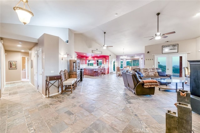 50806 Bramble Ln, Squaw Valley, CA 93675 - living room with ceiling fan, stone tile flooring, and high vaulted ceiling