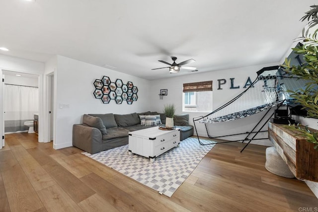 25444 Red Hawk Rd, Corona, CA 92883 - living room featuring light wood finished floors, ceiling fan, recessed lighting, and baseboards