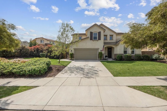 25444 Red Hawk Rd, Corona, CA 92883 - traditional-style home with stucco siding, concrete driveway, a front lawn, and stone siding