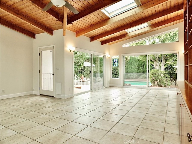 5510 E La Pasada St E, Long Beach, CA 90815 - empty room featuring wooden ceiling, light tile patterned floors, a ceiling fan, a skylight, and baseboards