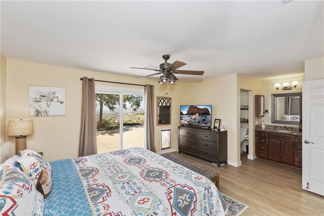 40125 Scanlon Rd, Temecula, CA 92592 - bedroom featuring a sink, access to outside, light wood finished floors, connected bathroom, and baseboards
