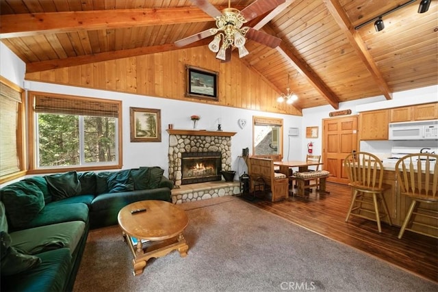 24755 Basel Dr, Crestline, CA 92325 - living area with wooden ceiling, wood-type flooring, a ceiling fan, and a fireplace