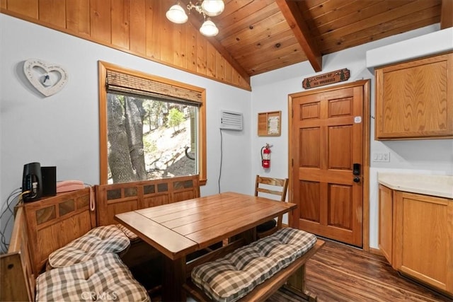 24755 Basel Dr, Crestline, CA 92325 - dining space with dark wood finished floors, wood ceiling, and a wall mounted air conditioner