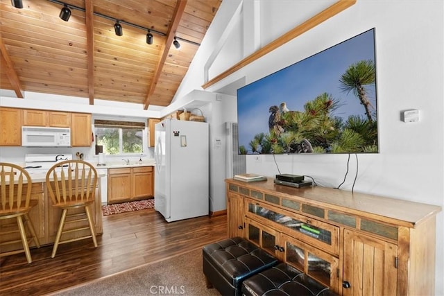 24755 Basel Dr, Crestline, CA 92325 - kitchen with white appliances, wooden ceiling, rail lighting, dark wood-style flooring, and light countertops