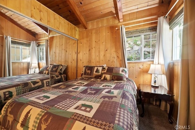 24755 Basel Dr, Crestline, CA 92325 - bedroom featuring carpet floors, wooden walls, and wooden ceiling