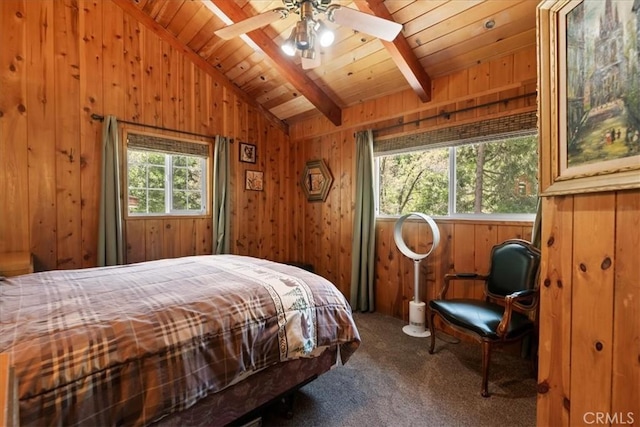24755 Basel Dr, Crestline, CA 92325 - bedroom featuring carpet floors, wooden walls, and wooden ceiling