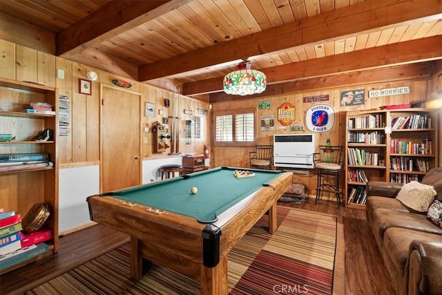 24755 Basel Dr, Crestline, CA 92325 - rec room with wooden walls, wood ceiling with exposed beams, wood finished floors, and billiards