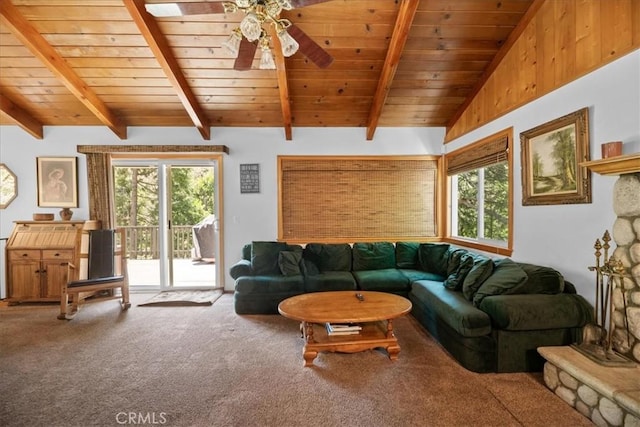 24755 Basel Dr, Crestline, CA 92325 - living area featuring wooden ceiling, carpet flooring, plenty of natural light, and a ceiling fan
