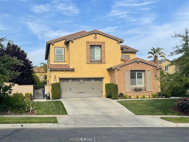 28626 Stonegate Ct, Valencia, CA 91354 - mediterranean / spanish-style home with an attached garage, a tiled roof, driveway, stucco siding, and a gate