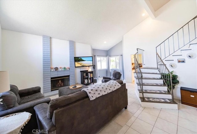 29870 Corte Cruzada, Menifee, CA 92584 - living room featuring stairs, light tile patterned flooring, lofted ceiling, and a brick fireplace