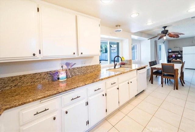29870 Corte Cruzada, Menifee, CA 92584 - kitchen with white appliances, a sink, light tile patterned flooring, a ceiling fan, and white cabinetry