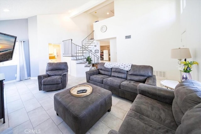 29870 Corte Cruzada, Menifee, CA 92584 - living area with high vaulted ceiling, stairway, light tile patterned flooring, beamed ceiling, and baseboards