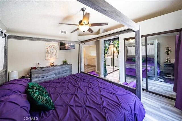 29870 Corte Cruzada, Menifee, CA 92584 - bedroom featuring access to outside, wood finished floors, and a ceiling fan