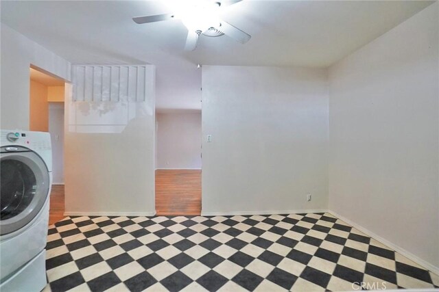 2306 S Encina St, Visalia, CA 93277 - laundry room with washer / dryer, tile patterned floors, ceiling fan, and baseboards