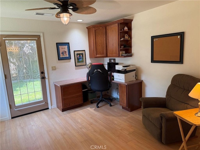 1438 Tumbleweed Ct, Oakdale, CA 95361 - office featuring light wood-type flooring, a ceiling fan, and plenty of natural light
