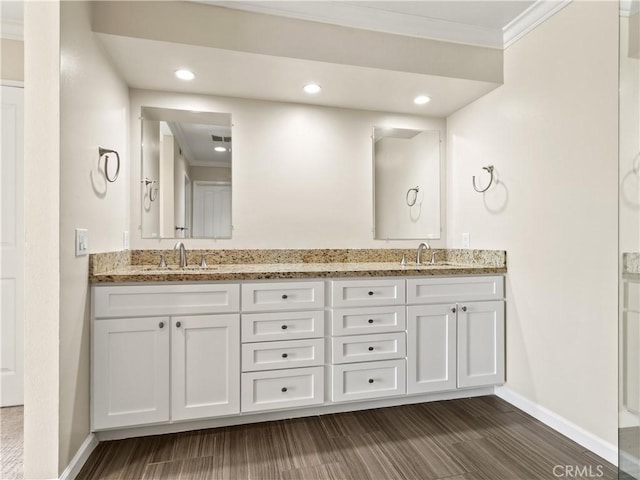 2 Vista Del Mar, Dana Point, CA 92629 - bathroom featuring double vanity, crown molding, and recessed lighting