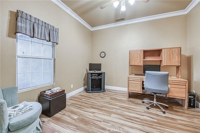 2737 Sussex Ave, Clovis, CA 93611 - office area with crown molding, light wood-type flooring, a ceiling fan, and baseboards