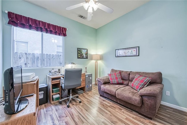 2737 Sussex Ave, Clovis, CA 93611 - office space featuring wood finished floors, a ceiling fan, and baseboards