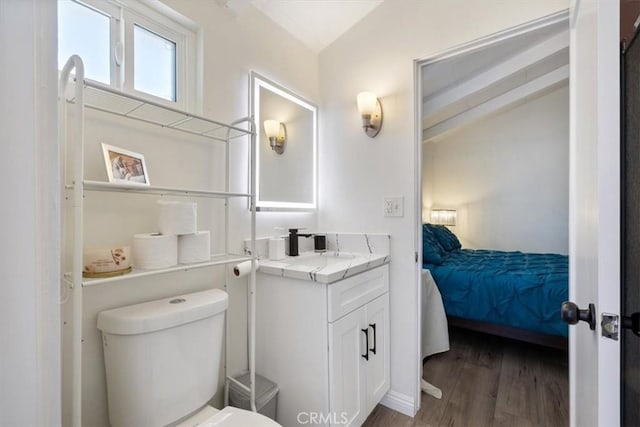 19842 Gilmore St, Woodland Hills, CA 91367 - bathroom with connected bathroom, vaulted ceiling, vanity, wood finished floors, and toilet