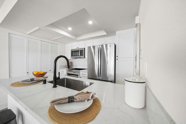742 Eastshore, Chula Vista, CA 91913 - kitchen featuring stainless steel appliances, a raised ceiling, white cabinetry, light stone counters, and a sink