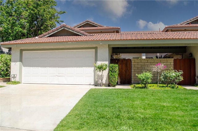 28948 Marilyn Dr, Canyon Country, CA 91387 - view of front facade featuring driveway, an attached garage, a tiled roof, stucco siding, and a front lawn