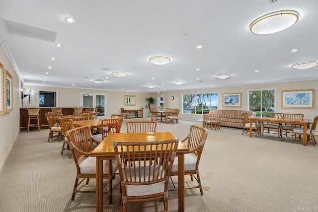 270 Cagney Ln Unit 315, Newport Beach, CA 92663 - dining room featuring light colored carpet, crown molding, recessed lighting, and baseboards