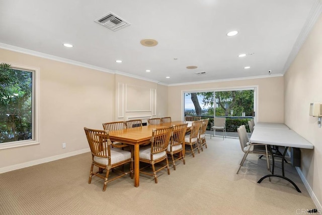 270 Cagney Ln Unit 315, Newport Beach, CA 92663 - dining room with light colored carpet, baseboards, recessed lighting, and ornamental molding