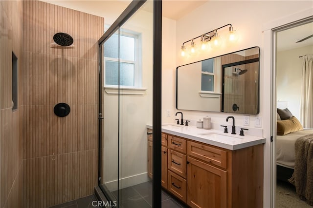 357 Mittry Ln, Lake Arrowhead, CA 92352 - bathroom featuring ensuite bath, a shower stall, and double vanity