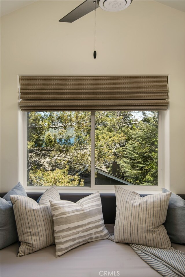 357 Mittry Ln, Lake Arrowhead, CA 92352 - interior space with healthy amount of natural light, vaulted ceiling, and a ceiling fan