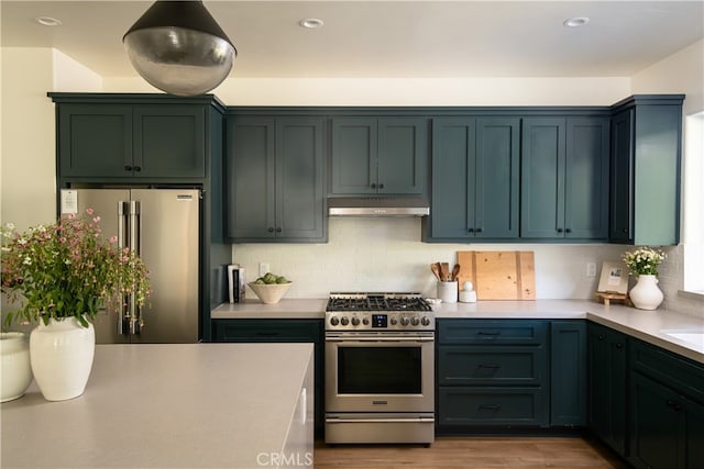 357 Mittry Ln, Lake Arrowhead, CA 92352 - kitchen featuring appliances with stainless steel finishes, under cabinet range hood, light countertops, tasteful backsplash, and wood finished floors